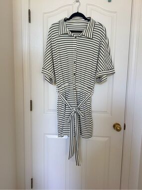 Striped Button-Front Tie-Waist Jumpsuit in Ivory and Black
